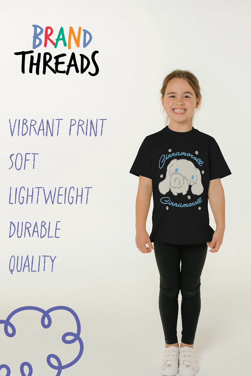 Cinnamoroll Girls Black T-Shirt Official Sanrio Character Tee - Brand Threads
