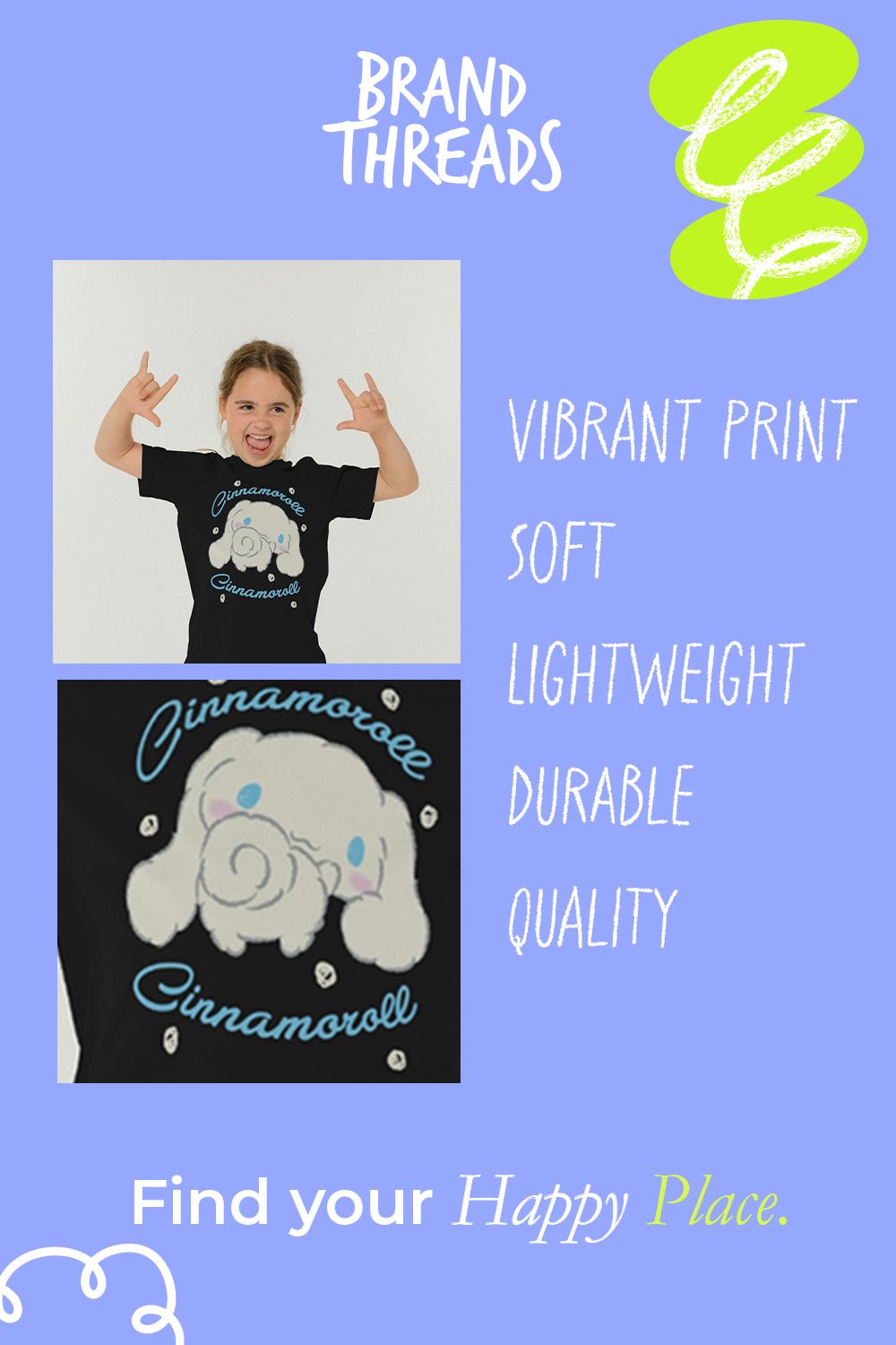 Cinnamoroll Girls Black T-Shirt Official Sanrio Character Tee - Brand Threads