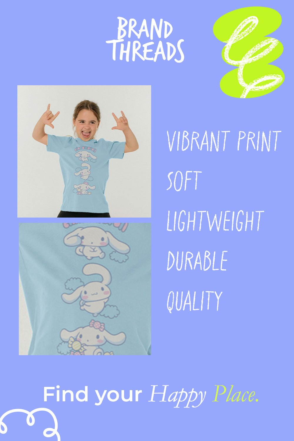 Cinnamoroll Girls Blue T-Shirt Official Sanrio Character Tee - Brand Threads