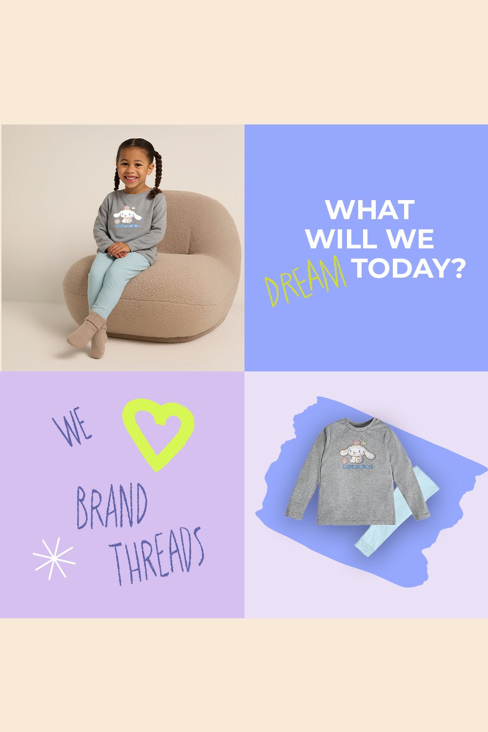 Cinnamoroll Girls Pyjama Set Grey Official Sanrio Nightwear - Brand Threads