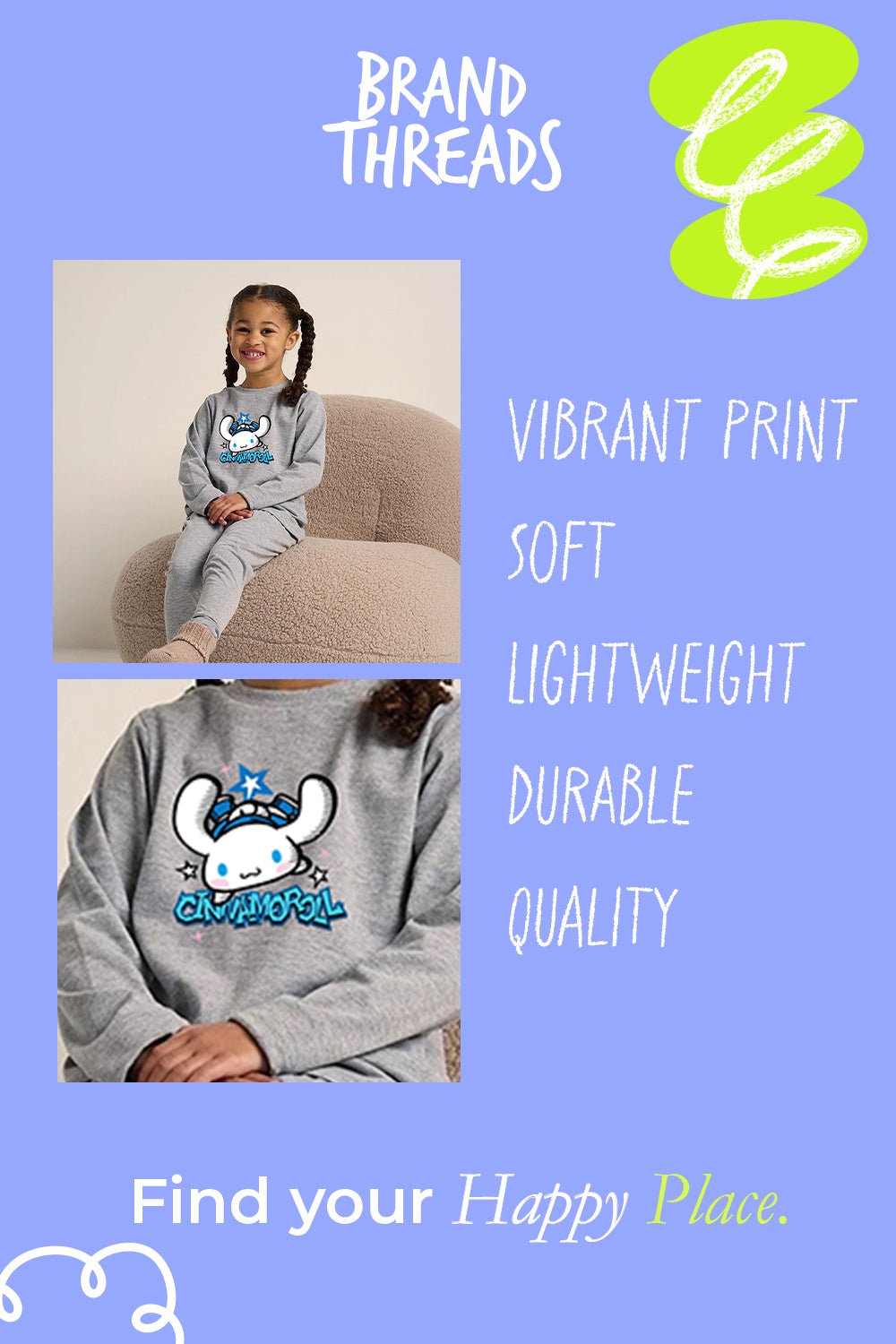 Cinnamoroll Girls Pyjama Set Grey Official Sanrio Nightwear - Brand Threads