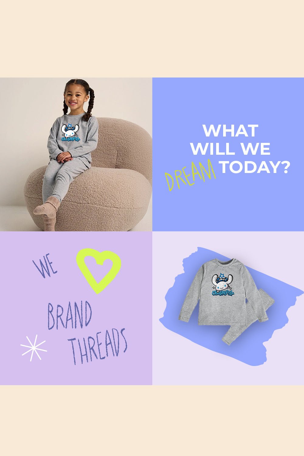 Cinnamoroll Girls Pyjama Set Grey Official Sanrio Nightwear - Brand Threads