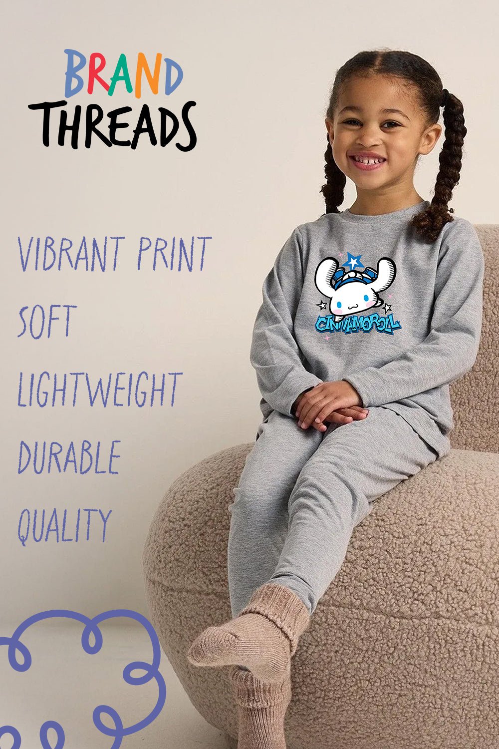 Cinnamoroll Girls Pyjama Set Grey Official Sanrio Nightwear - Brand Threads