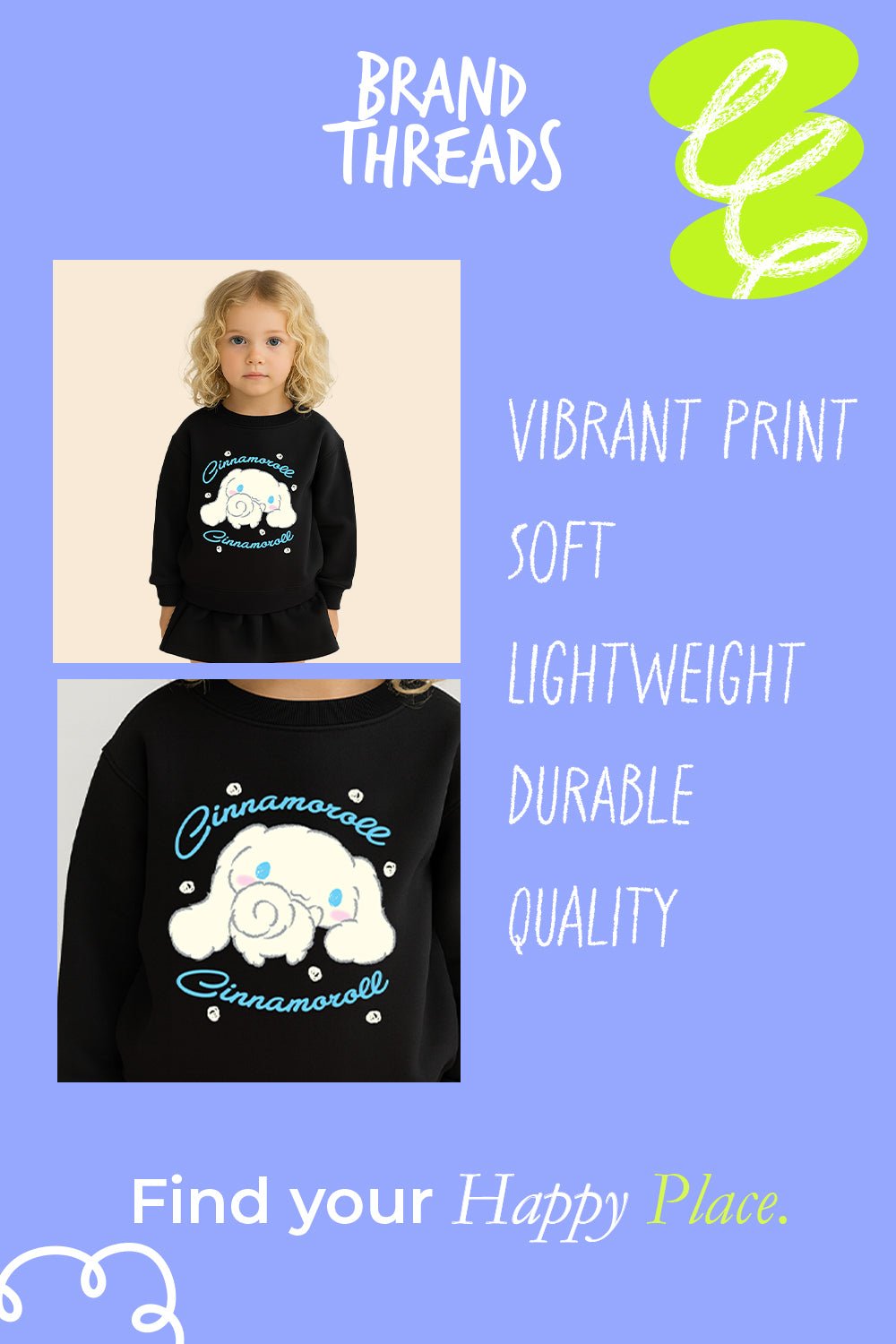Cinnamoroll girls sweatshirt – long sleeve black sweater - Brand Threads
