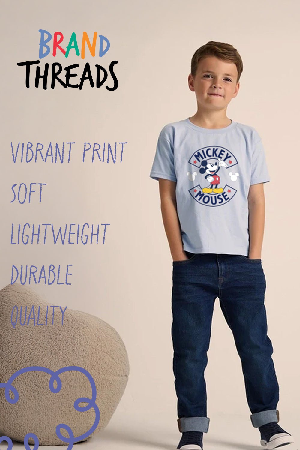 Disney Mickey Mouse Boys T-Shirt – 100% Cotton Light Blue - Brand Threads