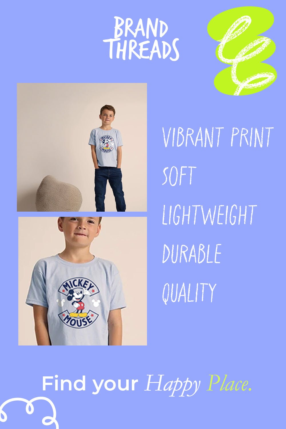 Disney Mickey Mouse Boys T-Shirt – 100% Cotton Light Blue - Brand Threads