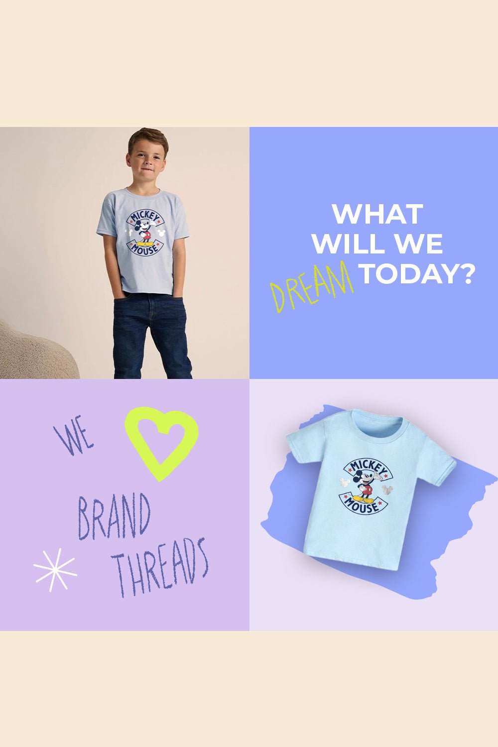 Disney Mickey Mouse Boys T-Shirt – 100% Cotton Light Blue - Brand Threads