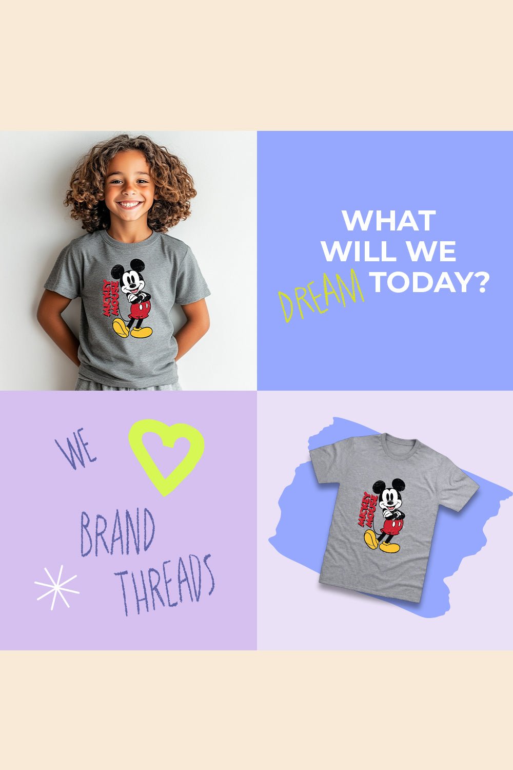 Disney Mickey Mouse Boys T-Shirt – Grey 100% Cotton Short Sleeve Tee - Brand Threads