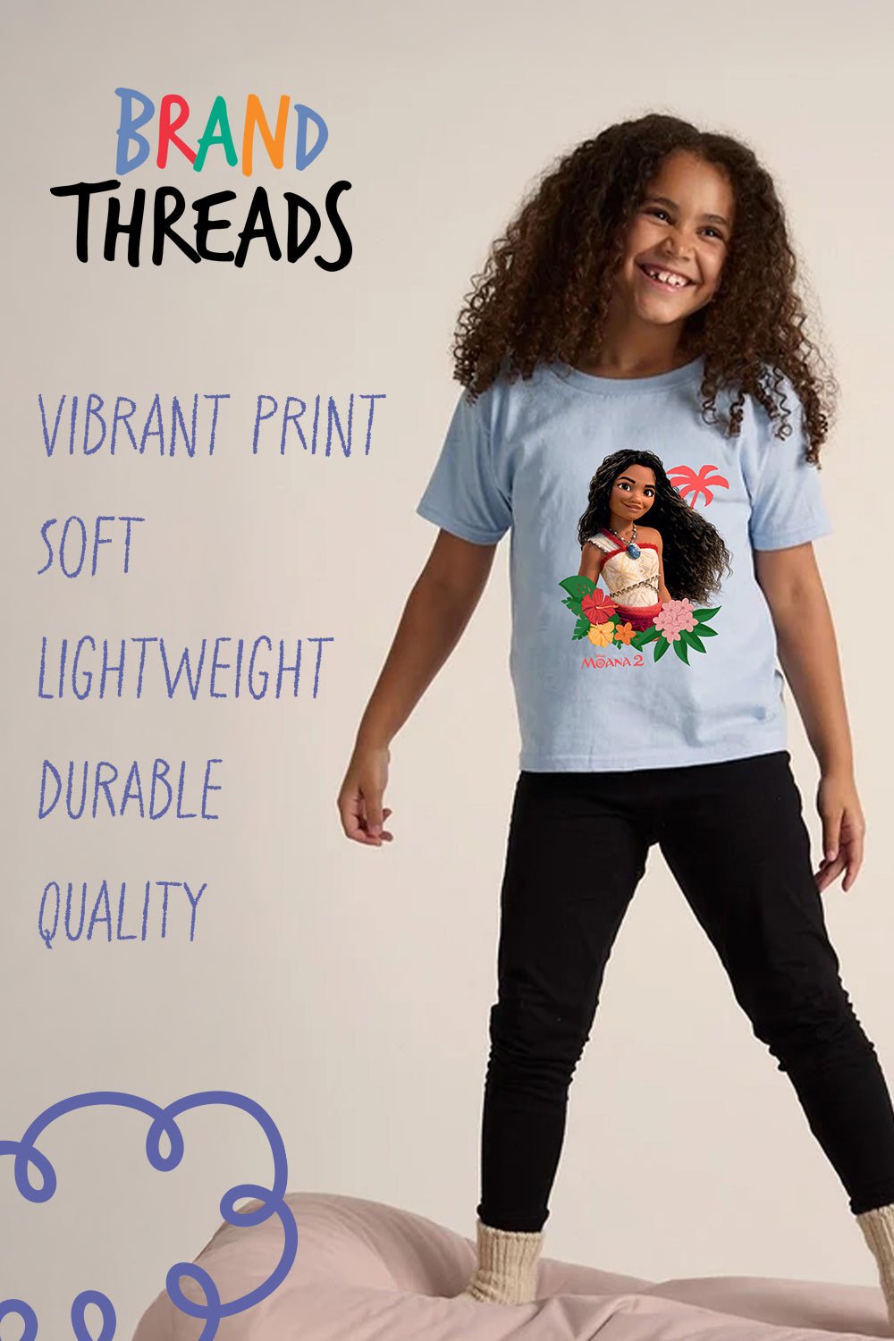 Disney Moana 2 Girls T-Shirt – Light Blue 100% Cotton Short Sleeve Tee - Brand Threads