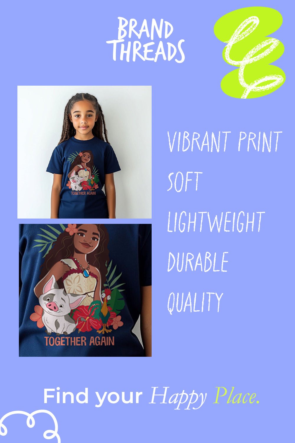 Disney Moana 2 Girls’ T-Shirt – Official Navy 100% Cotton Tee - Brand Threads