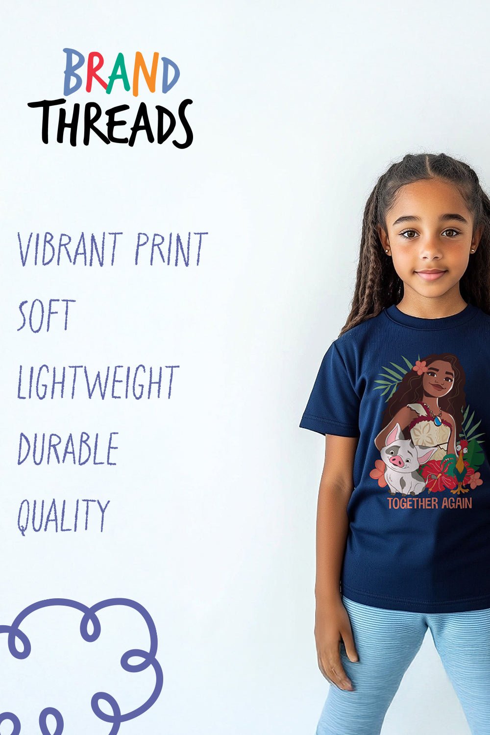 Disney Moana 2 Girls’ T-Shirt – Official Navy 100% Cotton Tee - Brand Threads