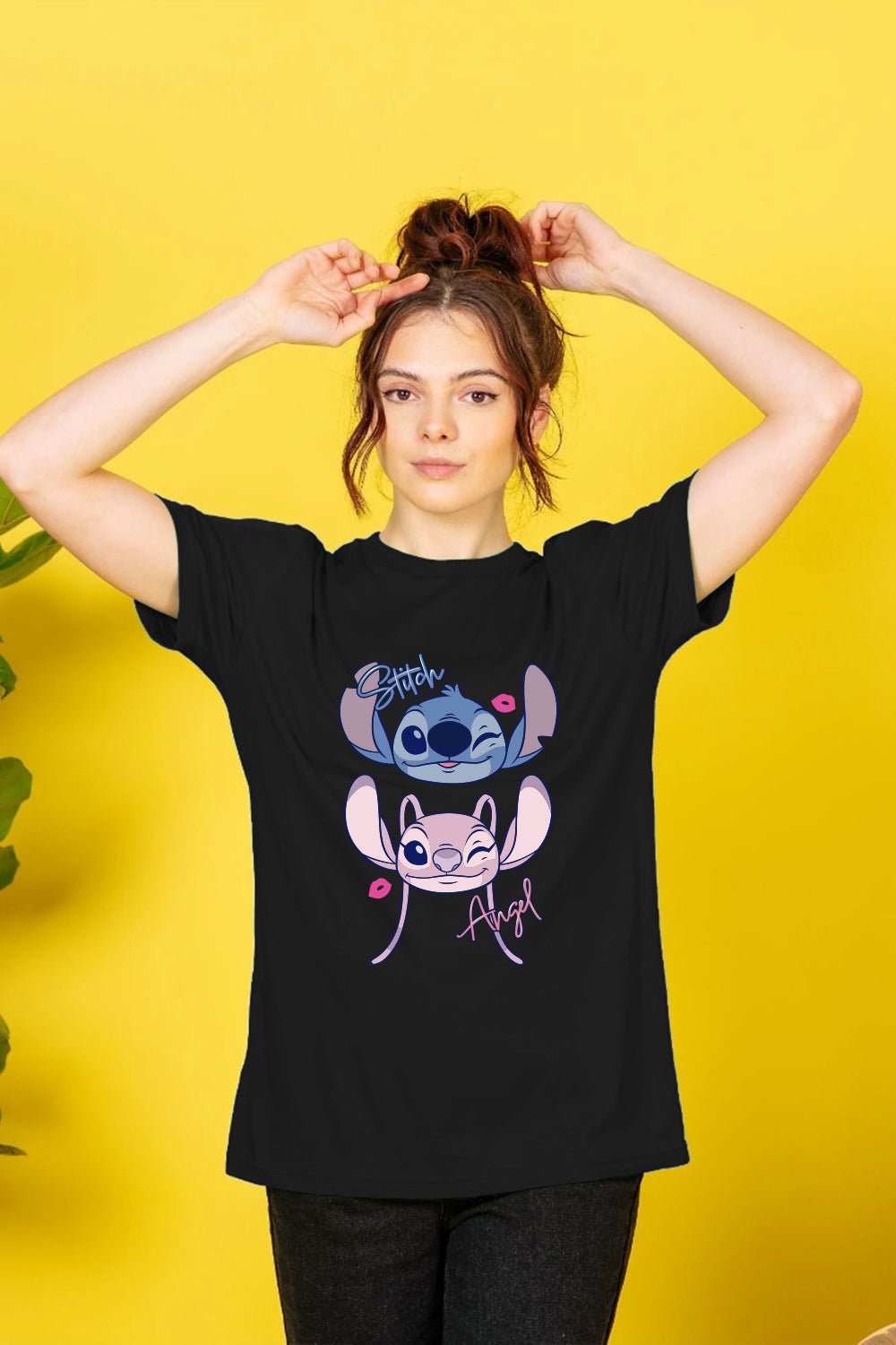 Disney Stitch & Angel Women’s T-Shirt – Black 100% Cotton Short Sleeve Tee - Brand Threads
