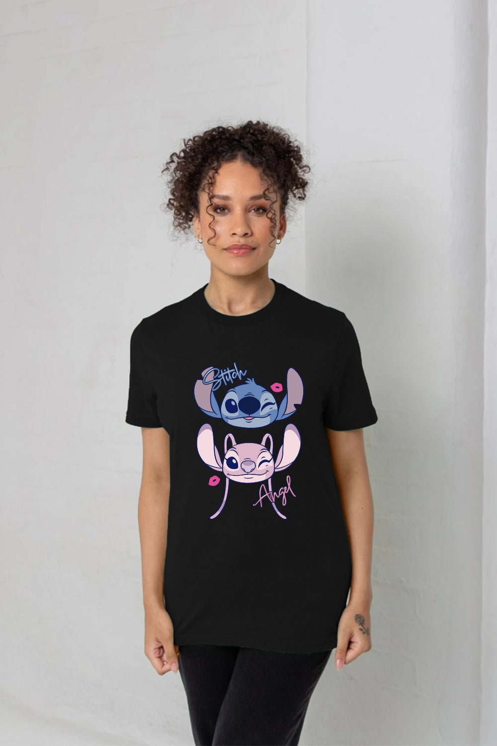 Disney Stitch & Angel Women’s T-Shirt – Black 100% Cotton Short Sleeve Tee - Brand Threads