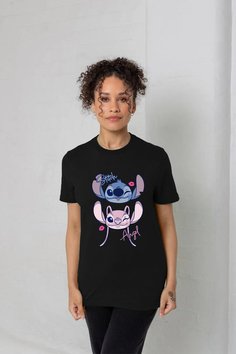 Disney Stitch & Angel Women’s T-Shirt – Black 100% Cotton Short Sleeve Tee - Brand Threads