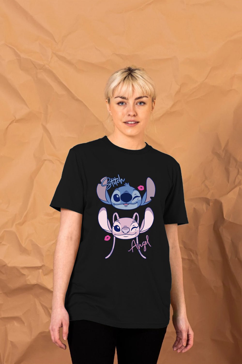 Disney Stitch & Angel Women’s T-Shirt – Black 100% Cotton Short Sleeve Tee - Brand Threads