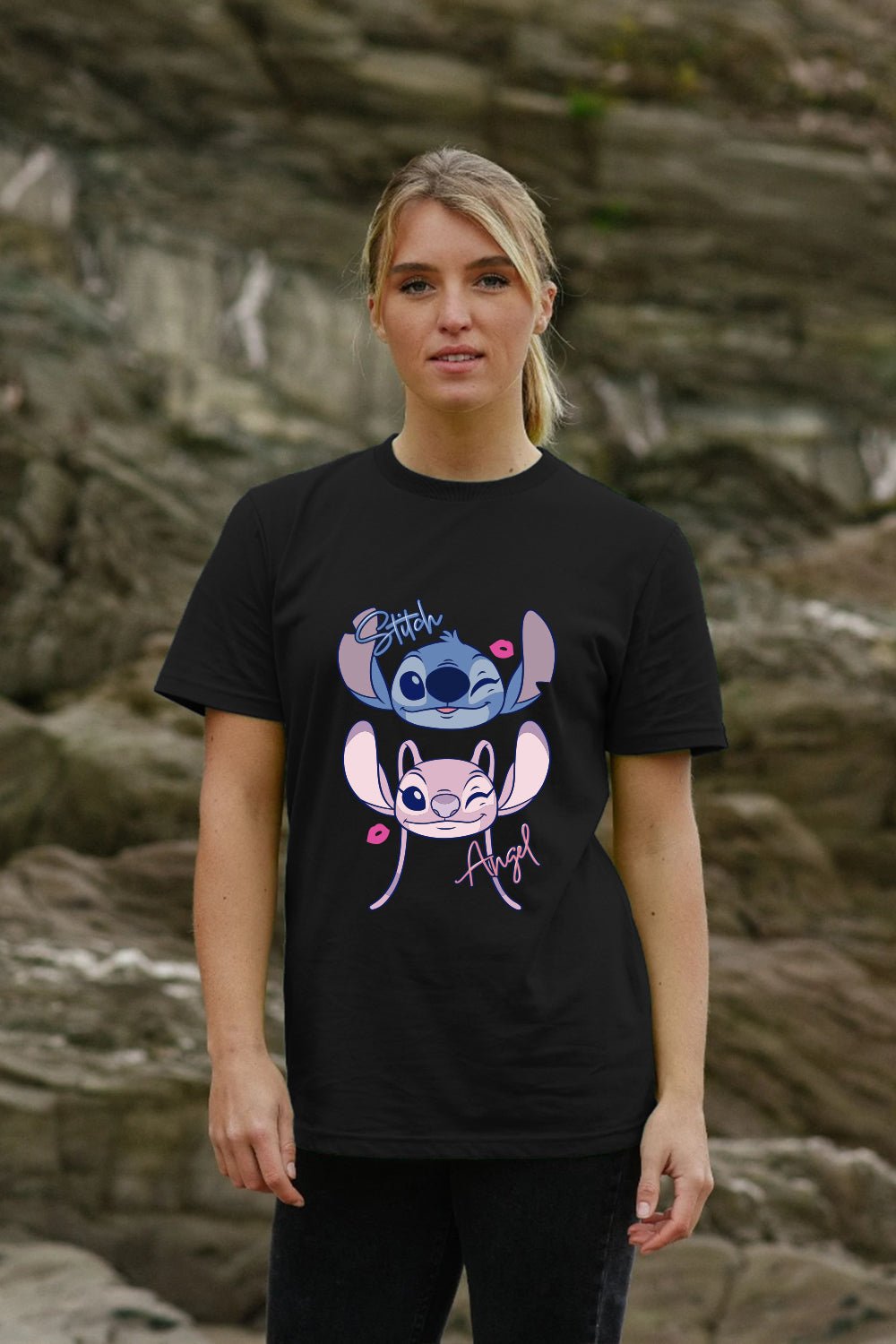 Disney Stitch & Angel Women’s T-Shirt – Black 100% Cotton Short Sleeve Tee - Brand Threads