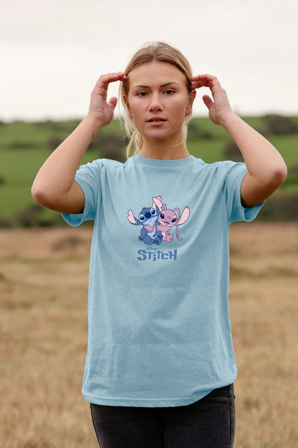 Disney Stitch & Angel Women’s T-Shirt – Light Blue 100% Cotton Short Sleeve Tee - Brand Threads