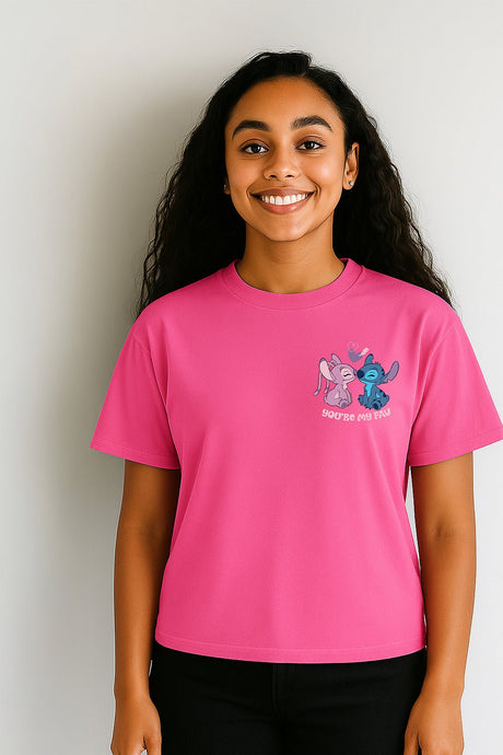Disney Stitch & Angel Women’s T-Shirt – Pink 100% Cotton Short Sleeve Tee - Brand Threads