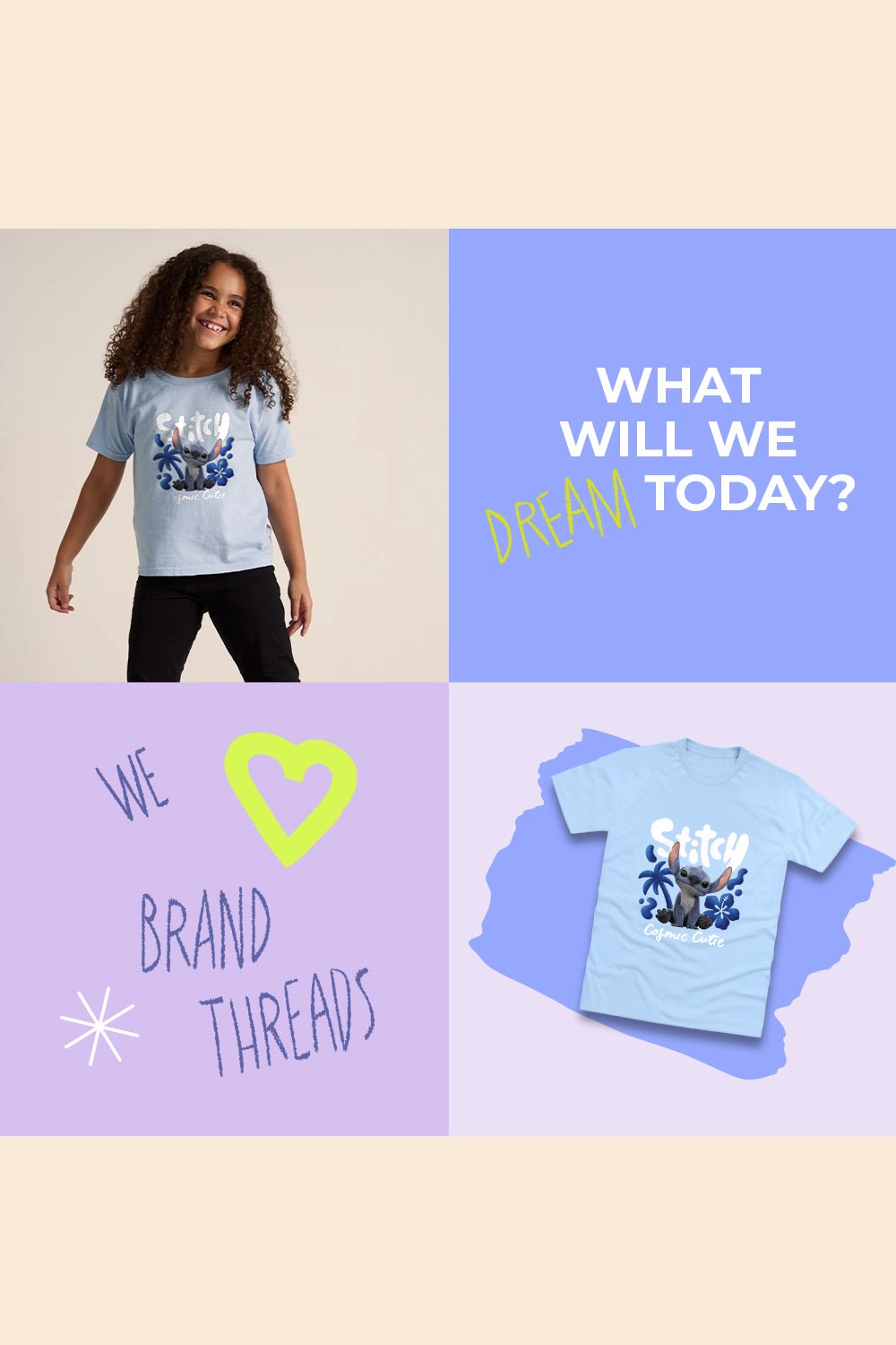 Disney Stitch Girls T-Shirt – Light Blue 100% Cotton Short Sleeve Tee with “Cosmic Cutie” Print - Brand Threads