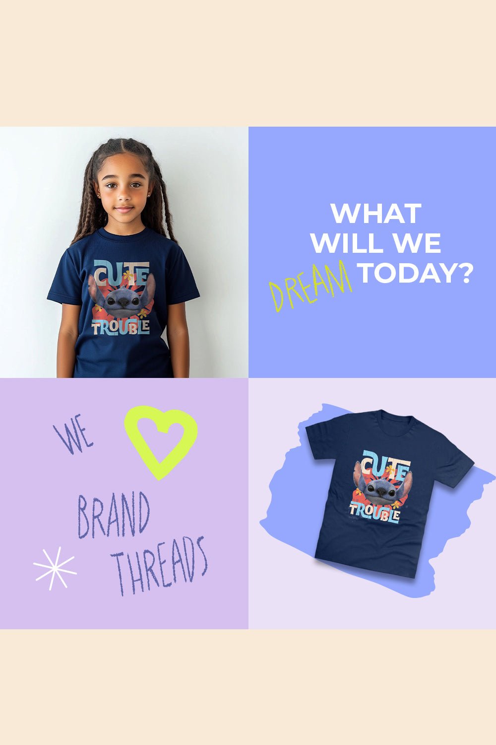 Disney Stitch Girls T-Shirt – Navy 100% Cotton Short Sleeve Tee - Brand Threads