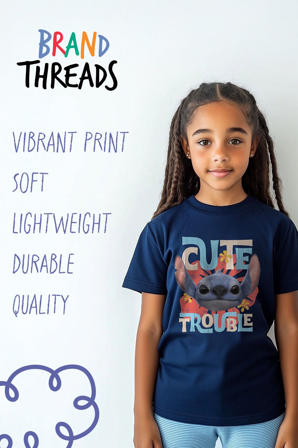 Disney Stitch Girls T-Shirt – Navy 100% Cotton Short Sleeve Tee - Brand Threads