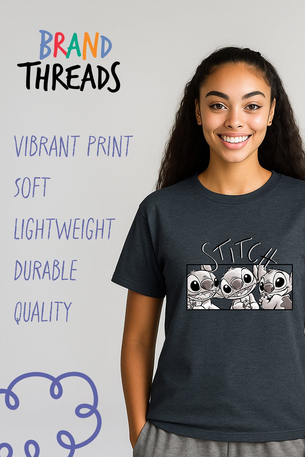 Disney Stitch Women’s T-Shirt – Charcoal Grey 100% Cotton Short Sleeve Tee - Brand Threads