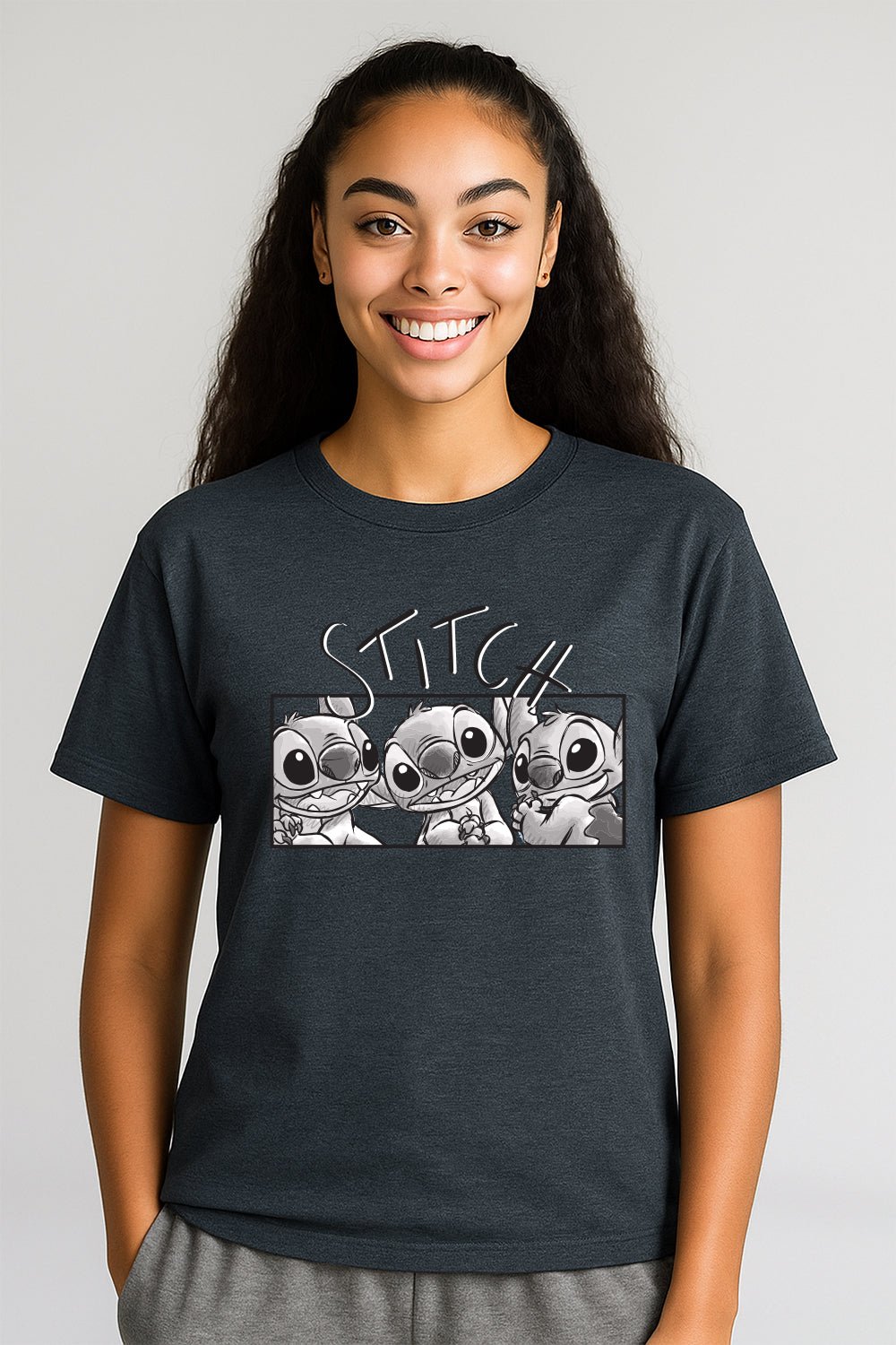 Disney Stitch Women’s T-Shirt – Charcoal Grey 100% Cotton Short Sleeve Tee - Brand Threads