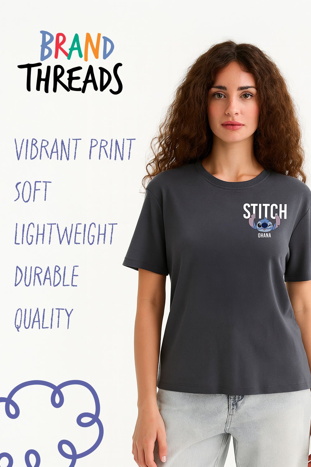 Disney Stitch Women’s T-Shirt – Charcoal Grey 100% Cotton Short Sleeve Tee - Brand Threads