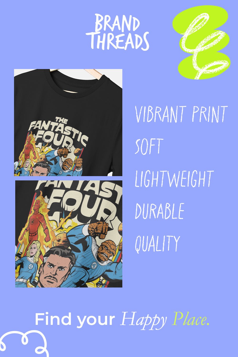 Fantastic Four Adults T-Shirt – Black Cotton Marvel Tee - Brand Threads
