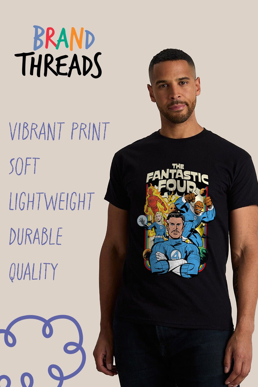 Fantastic Four Adults T-Shirt – Black Cotton Marvel Tee - Brand Threads