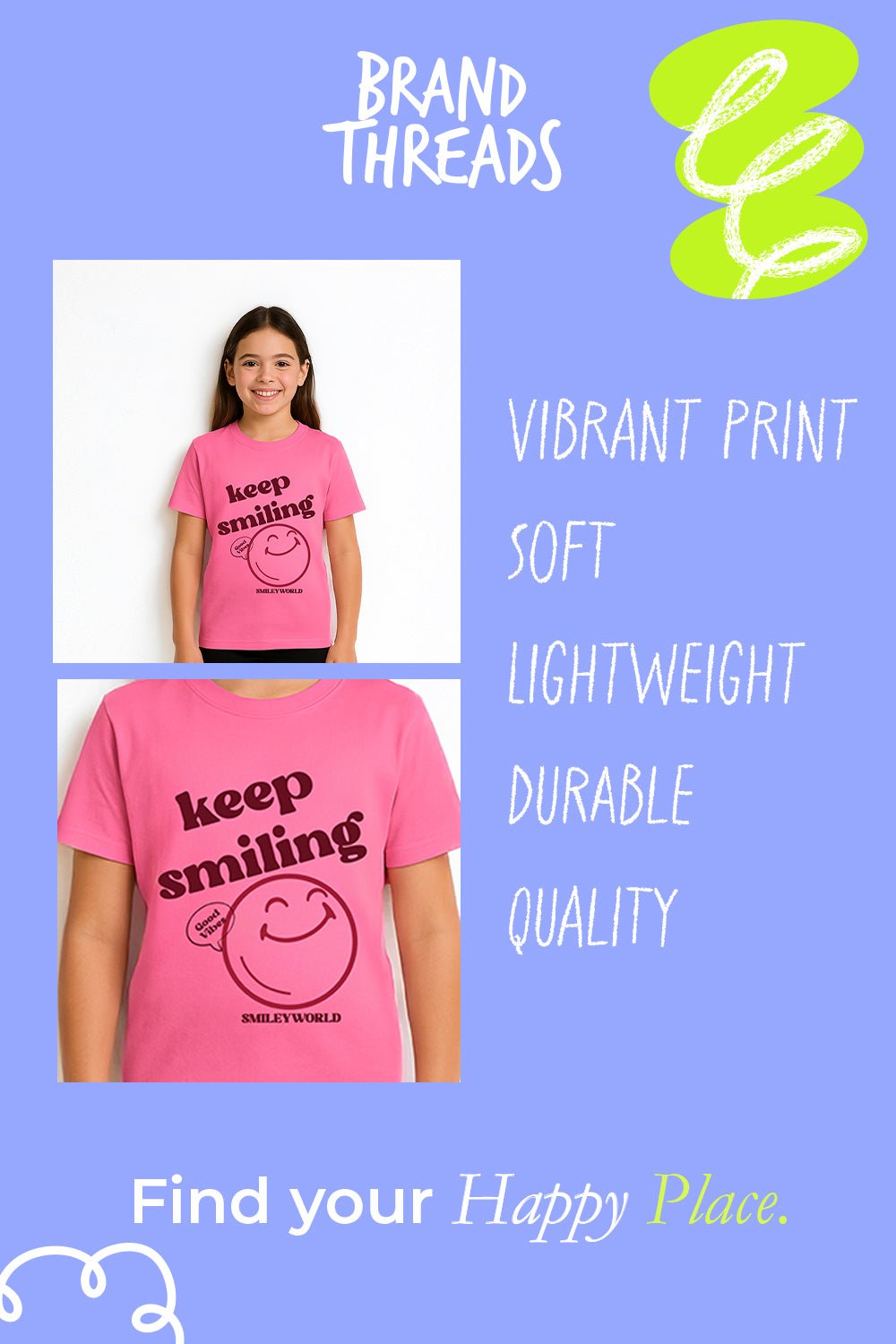 Girls Pink Smiley T Shirt - Brand Threads