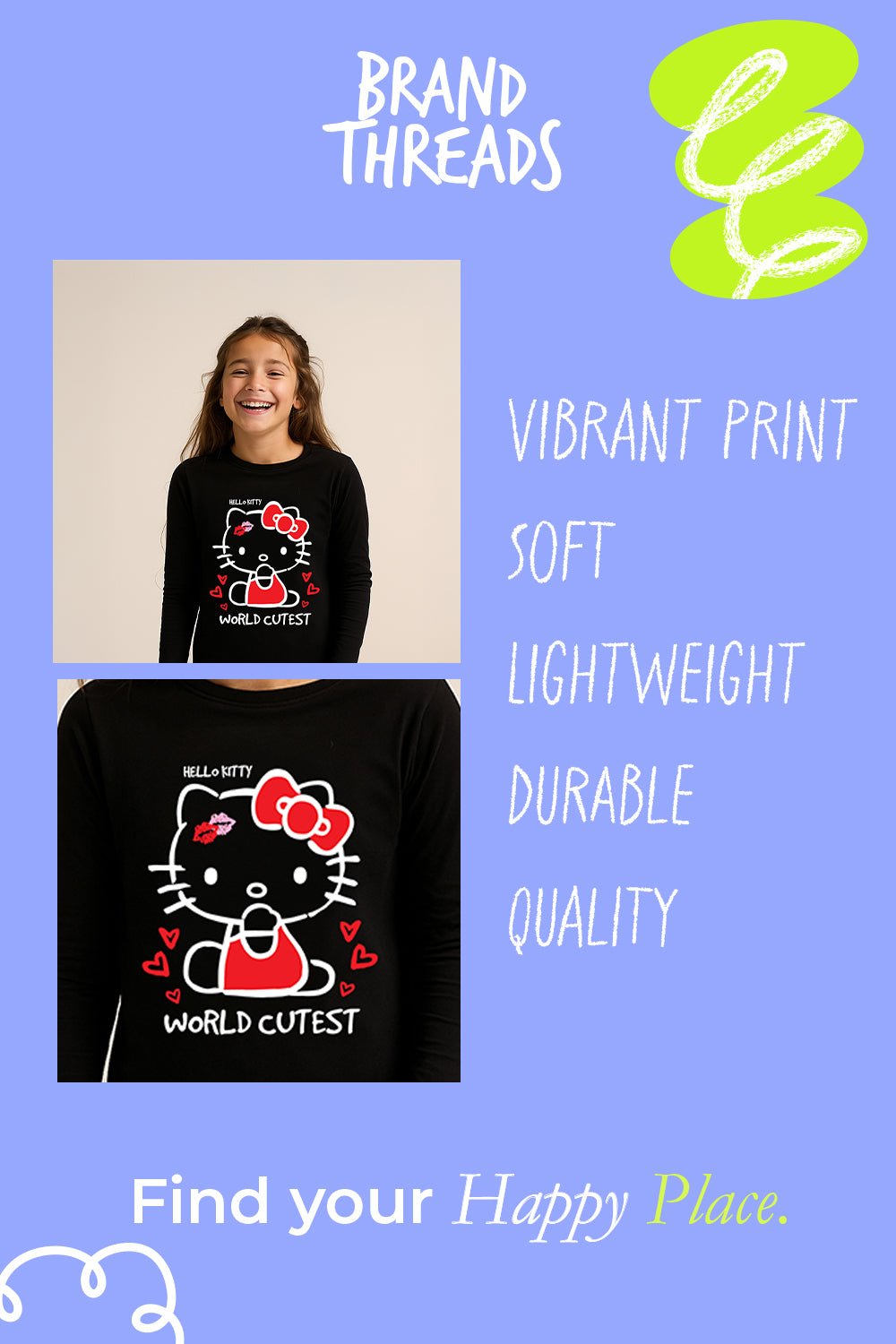 Hello Kitty girls pjs – two - piece set with character print top & bottoms - Brand Threads