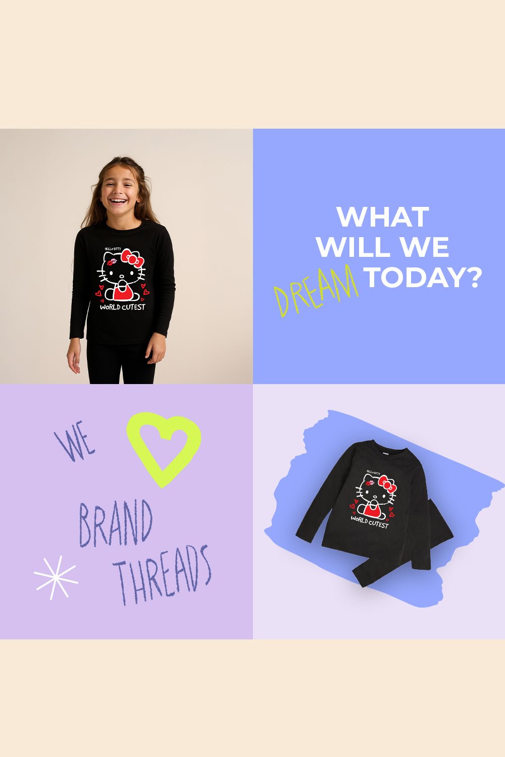 Hello Kitty girls pjs – two - piece set with character print top & bottoms - Brand Threads