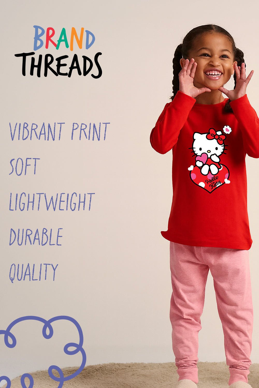 Hello Kitty Girls Pyjama Set – Soft Red Long Sleeve Top & Trousers - Brand Threads