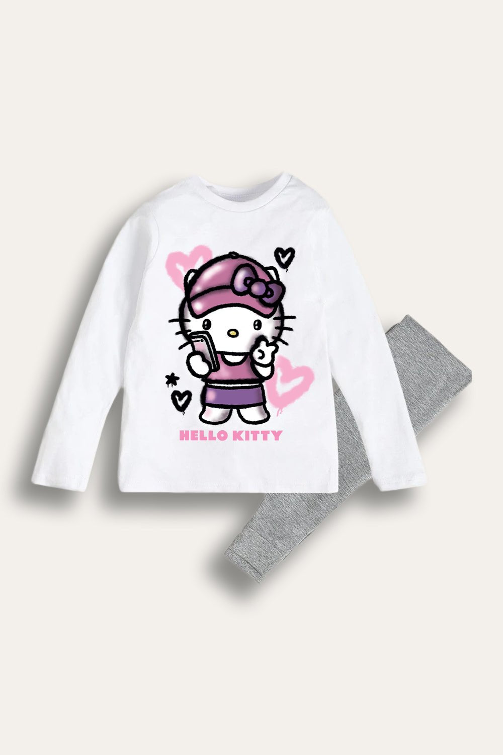 Hello Kitty Girls White Pyjama Set – 100% Cotton Long Sleeve & Trousers - Brand Threads