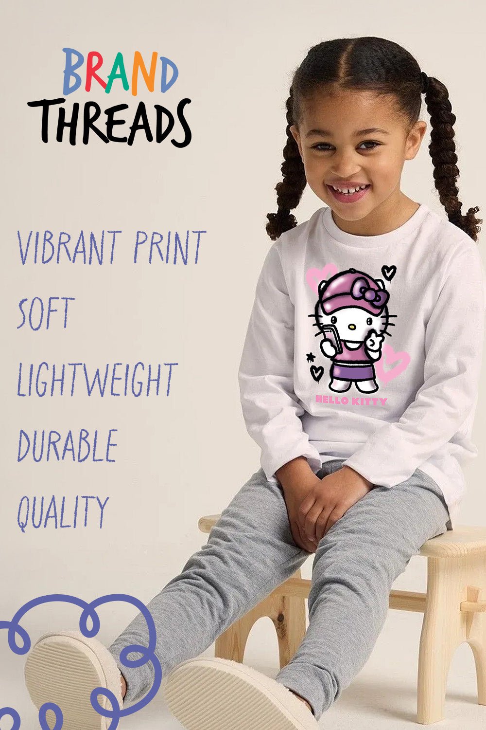 Hello Kitty Girls White Pyjama Set – 100% Cotton Long Sleeve & Trousers - Brand Threads