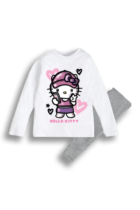 Hello Kitty Girls White Pyjama Set – 100% Cotton Long Sleeve & Trousers - Brand Threads
