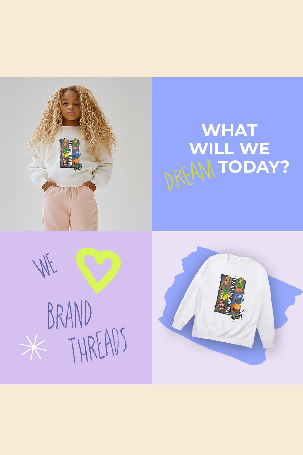 Italian Brainrot kids white sweatshirt - Brand Threads