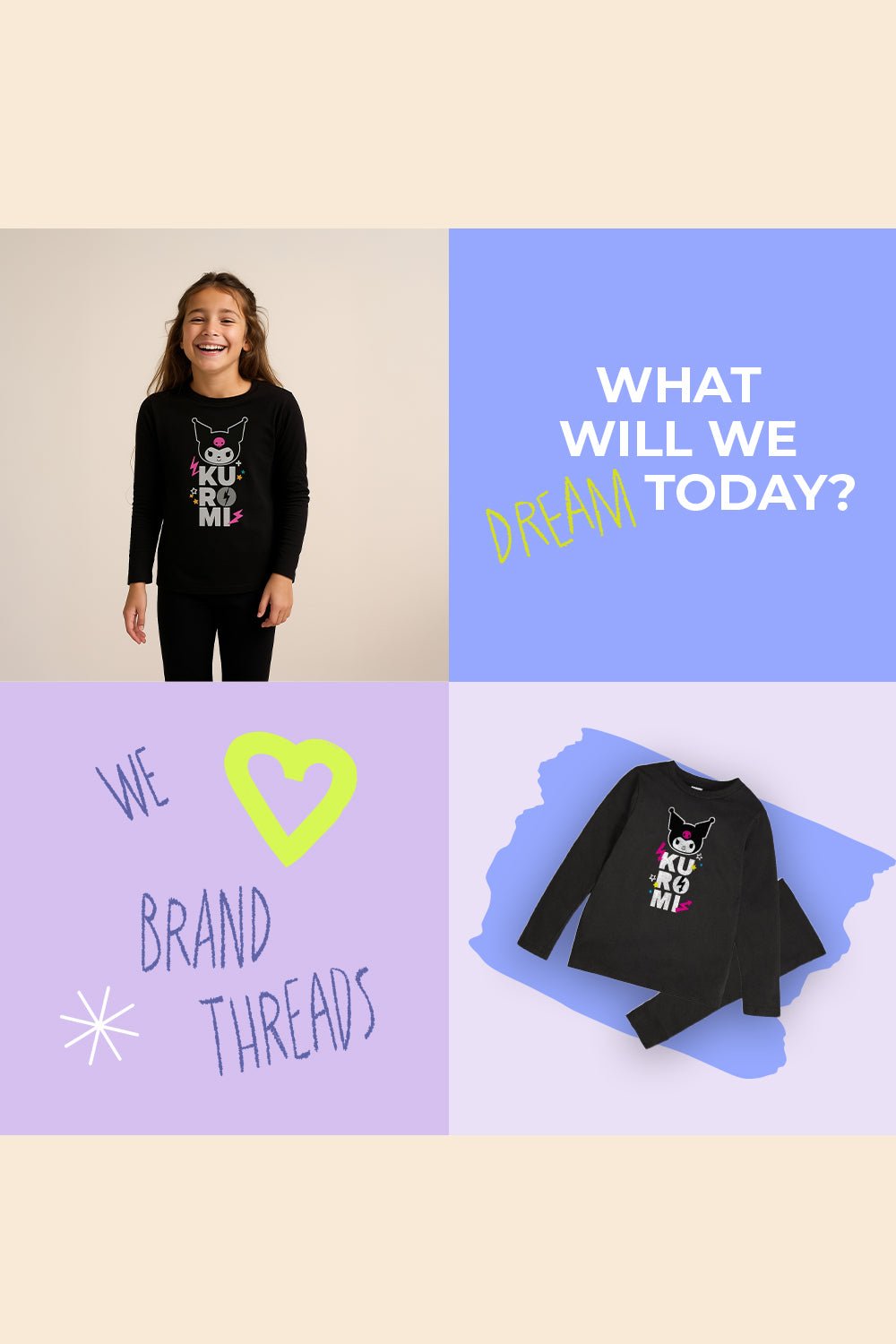 Kuromi Girls Black Pyjama Set – 100% Cotton Long Sleeve Top & Full - Length Bottoms - Brand Threads