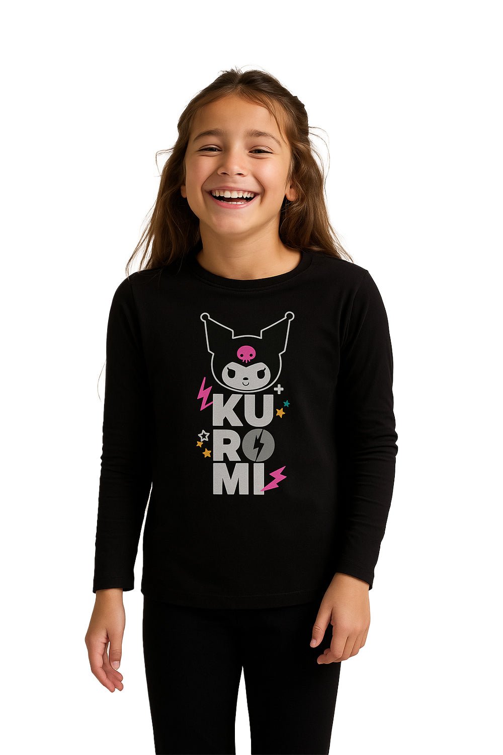 Kuromi Girls Black Pyjama Set – 100% Cotton Long Sleeve Top & Full - Length Bottoms - Brand Threads