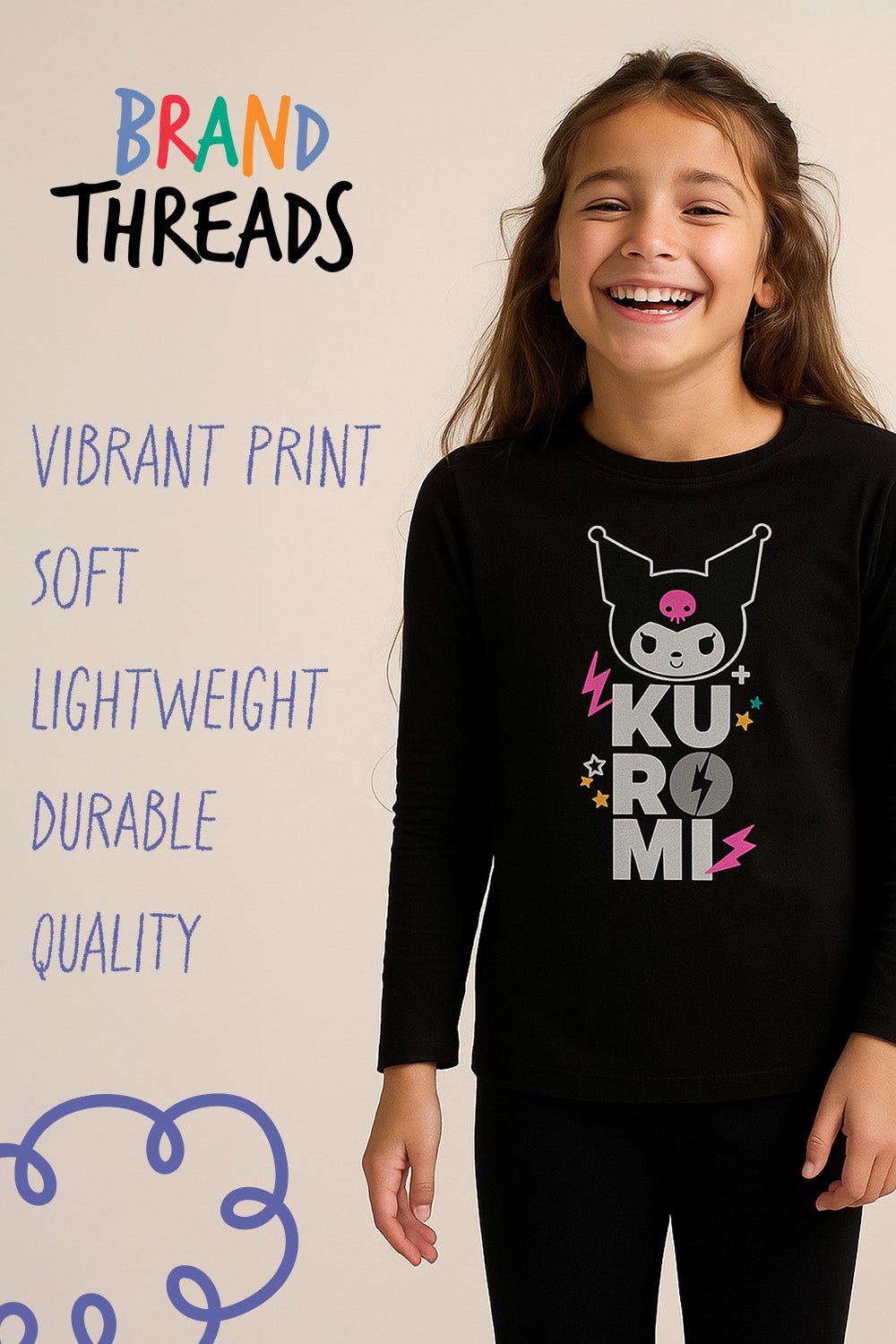 Kuromi Girls Black Pyjama Set – 100% Cotton Long Sleeve Top & Full - Length Bottoms - Brand Threads