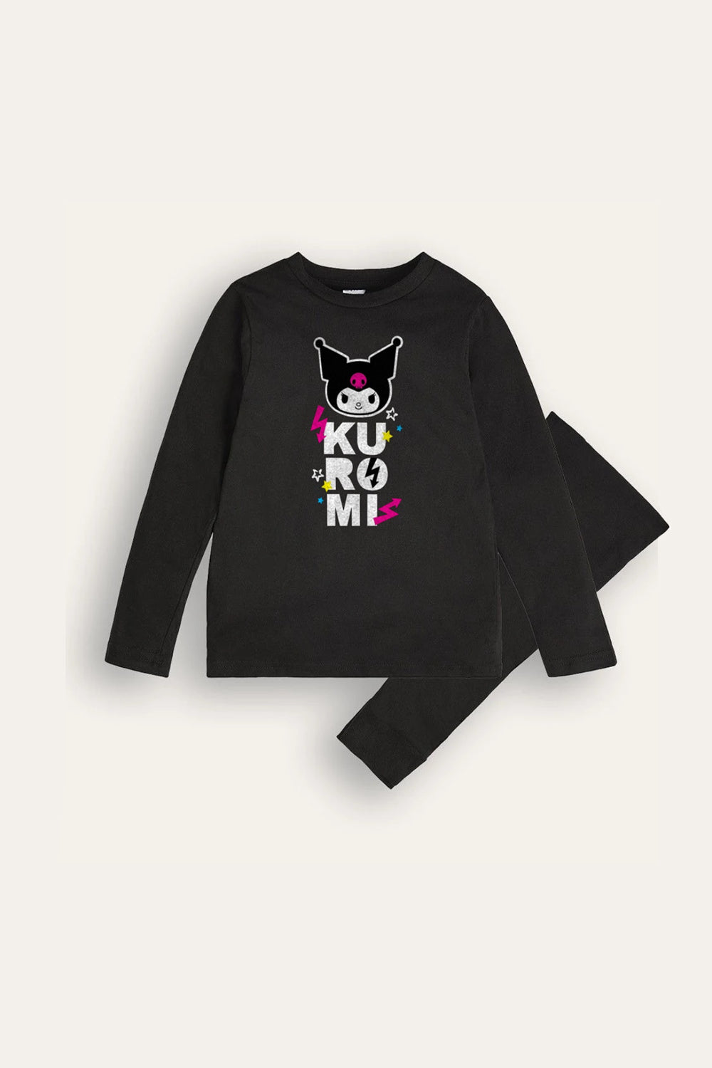 Kuromi Girls Black Pyjama Set – 100% Cotton Long Sleeve Top & Full - Length Bottoms - Brand Threads