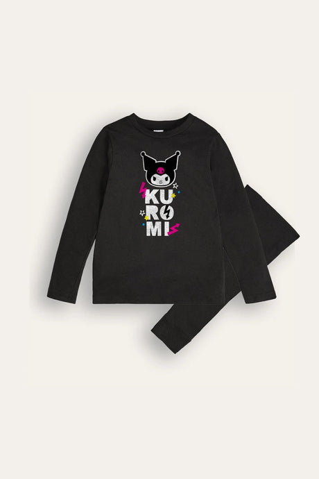 Kuromi Girls Black Pyjama Set – 100% Cotton Long Sleeve Top & Full - Length Bottoms - Brand Threads
