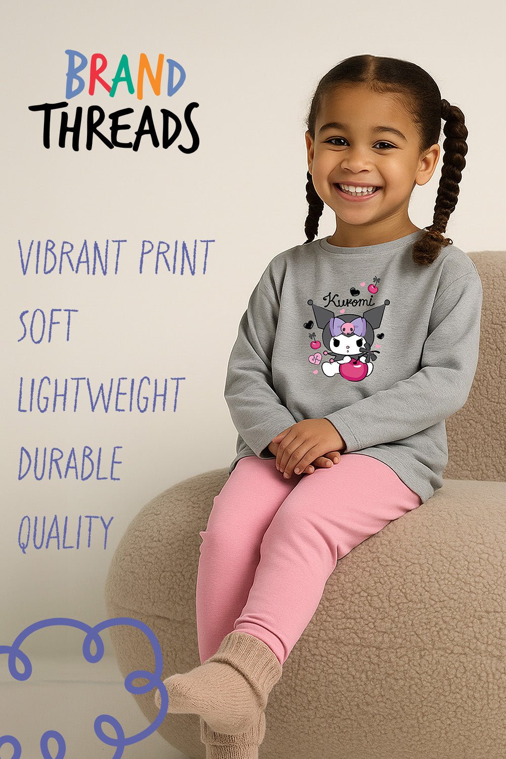 Kuromi Girls Grey Pyjama Set – 100% Cotton Kids Sleepwear - Brand Threads