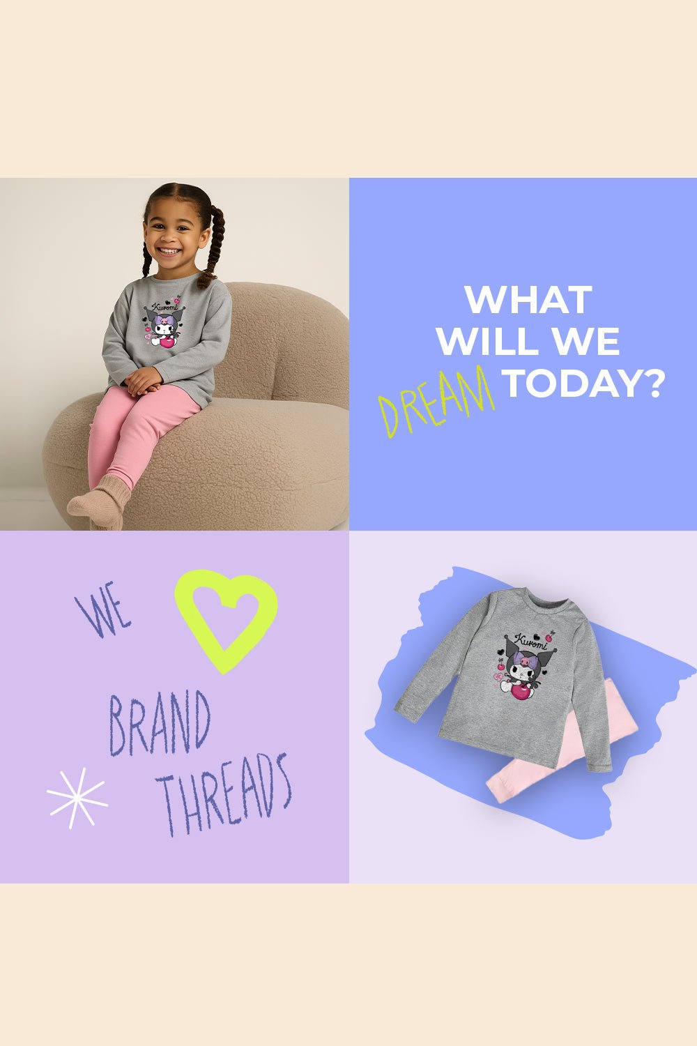 Kuromi Girls Grey Pyjama Set – 100% Cotton Kids Sleepwear - Brand Threads