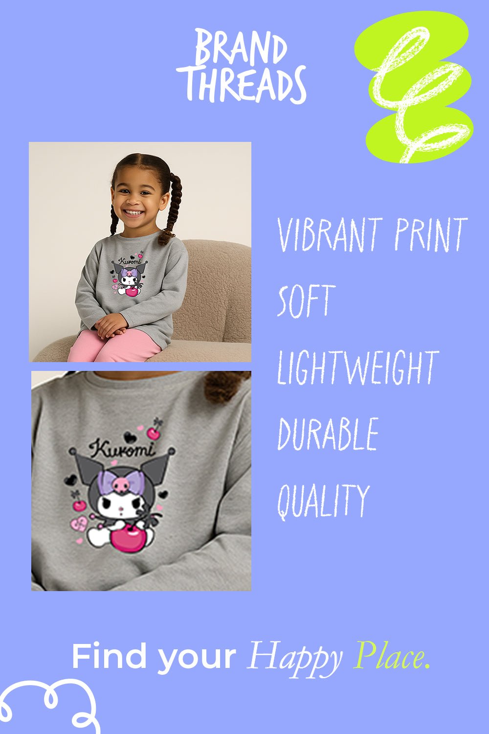 Kuromi Girls Grey Pyjama Set – 100% Cotton Kids Sleepwear - Brand Threads