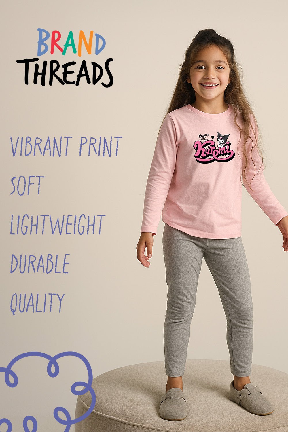 Kuromi Girls Pink Cotton Pyjama Set with Grey Marl Bottoms - Brand Threads