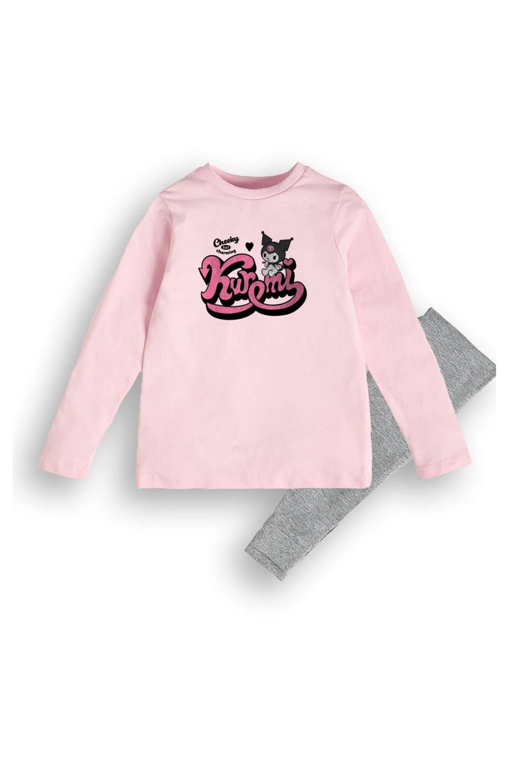 Kuromi Girls Pink Cotton Pyjama Set with Grey Marl Bottoms - Brand Threads