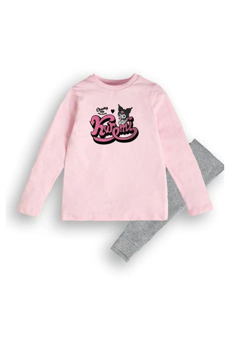 Kuromi Girls Pink Cotton Pyjama Set with Grey Marl Bottoms - Brand Threads