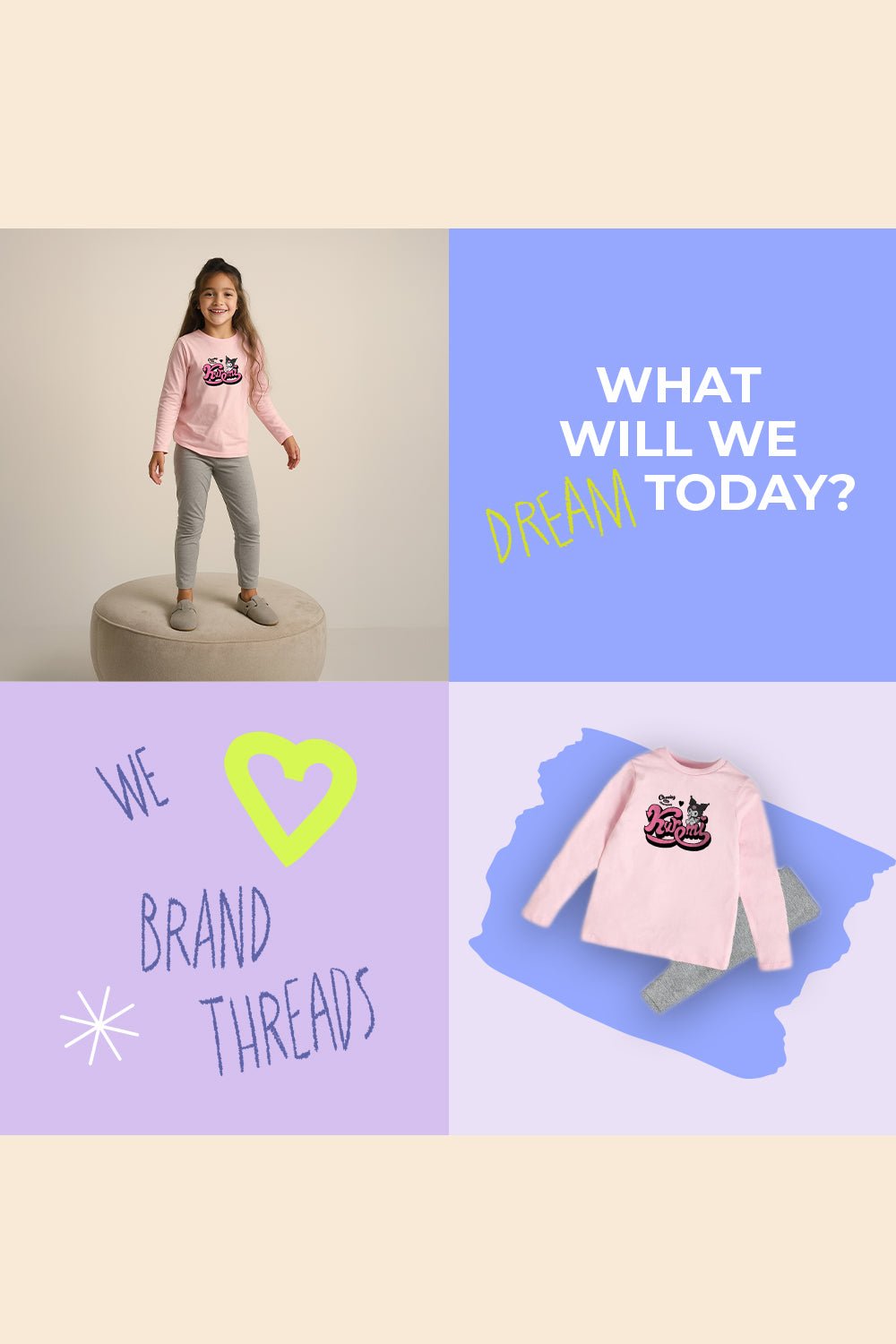 Kuromi Girls Pink Cotton Pyjama Set with Grey Marl Bottoms - Brand Threads